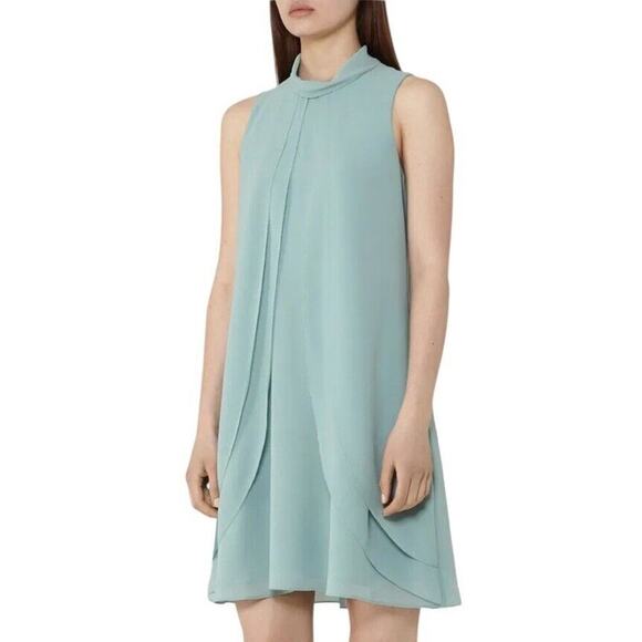 Reiss Cohen Shift Dress Size 2 Sea Glass Green Ruffle Front Chiffon High Neck - Picture 1 of 16